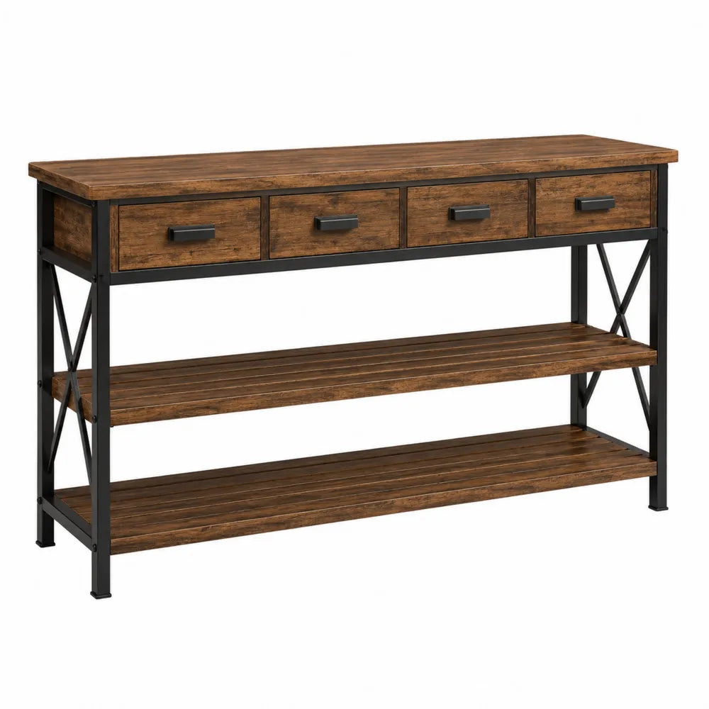 Consola de madera y metal con 4 cajones y estantes marrón y negro