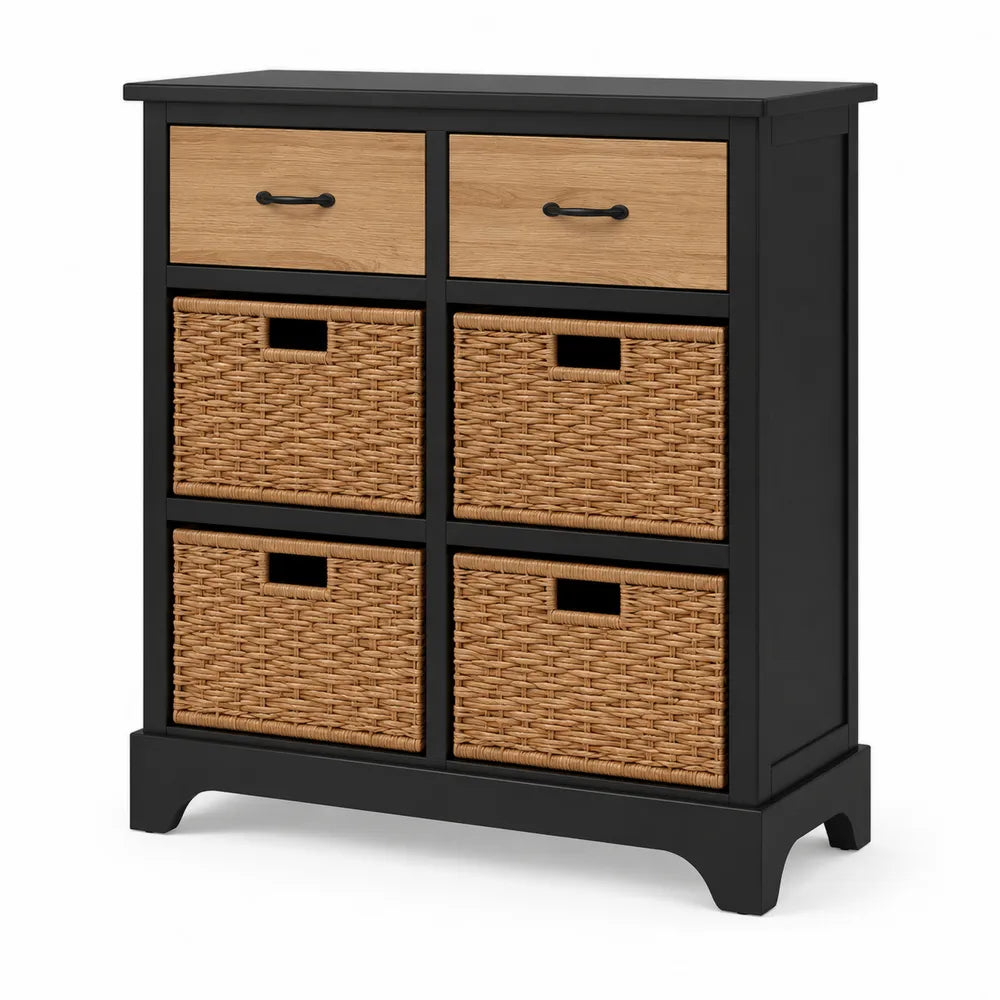 Cajonera con 2 Cajones y 4 Cestas de Mimbre MDF Negro y Madera