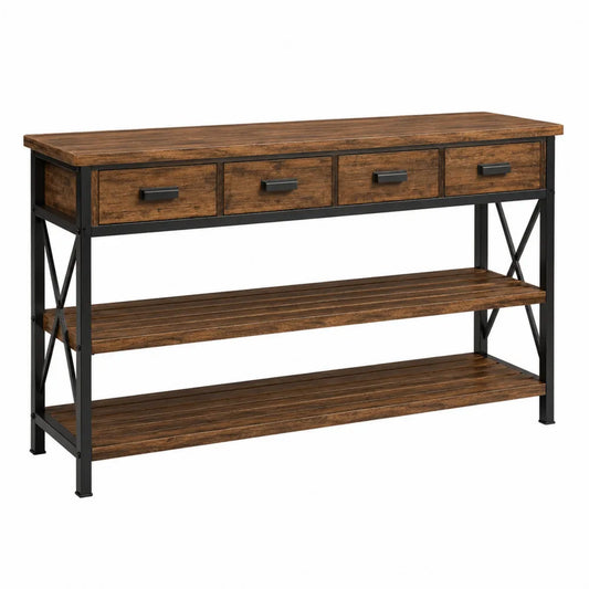 Consola de madera y metal con 4 cajones y estantes marrón y negro
