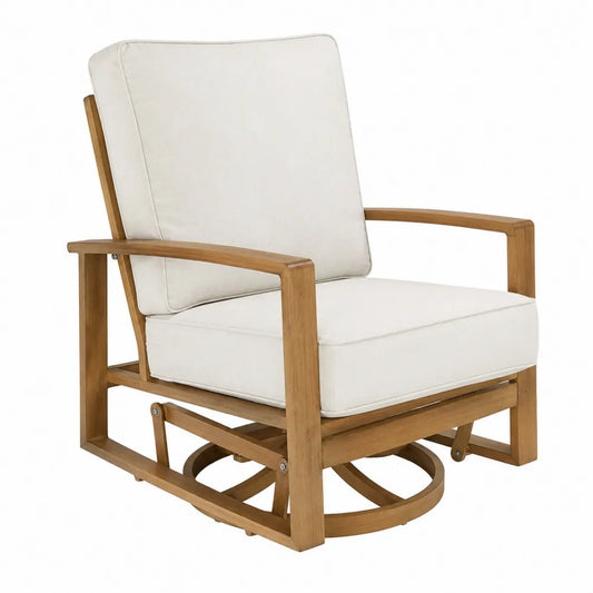 Silla giratoria de madera de teca con cojines de poliéster crema