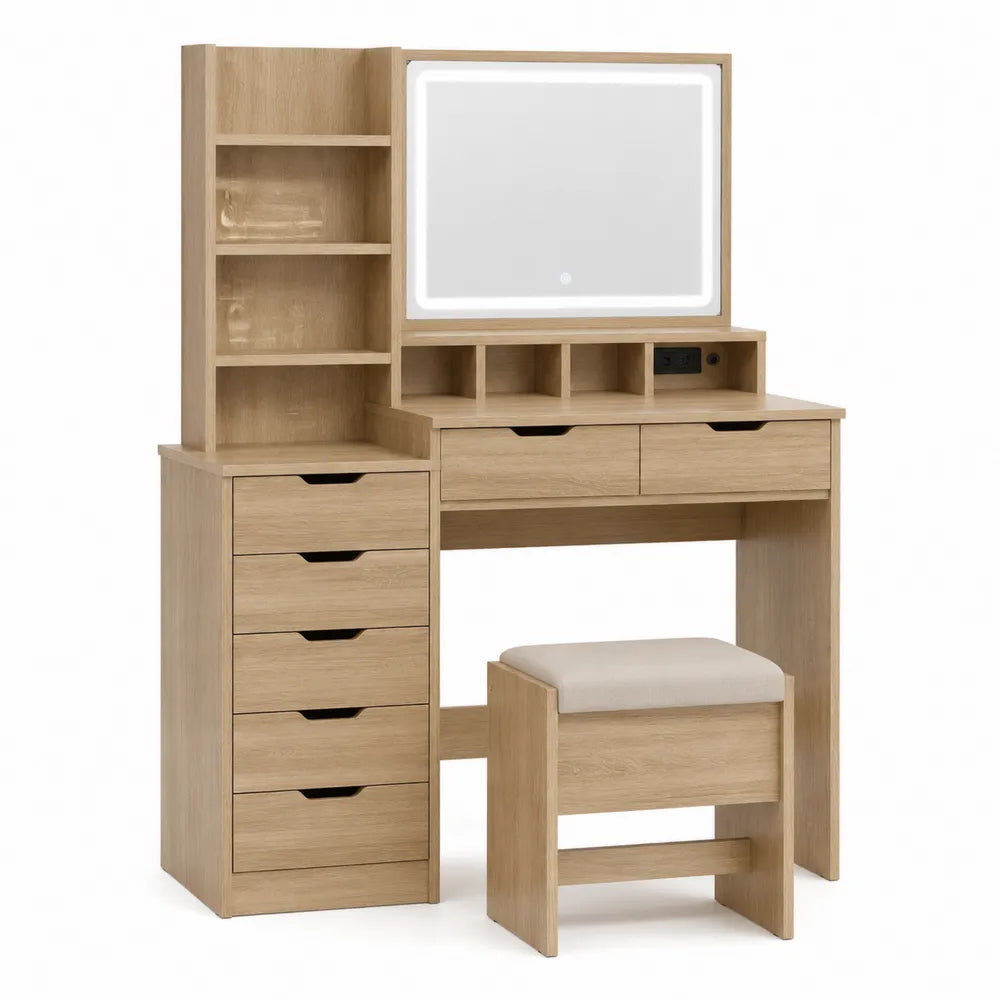 Tocador de madera con espejo LED y taburete, cajones y estantes