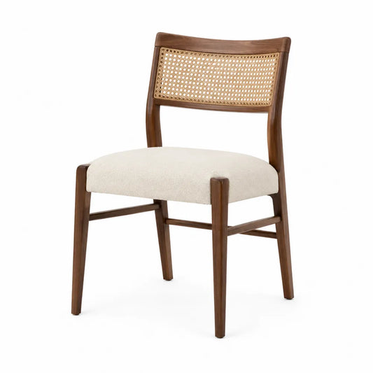 Silla de madera de nogal y ratán con asiento de poliéster beige