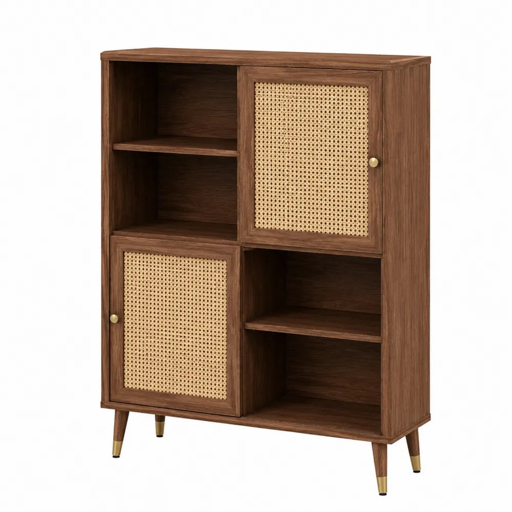 Mueble de almacenamiento de madera y ratán, color marrón