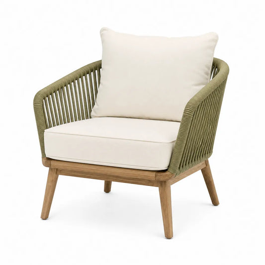Sillón de Exterior de Madera con Cojines Beige y Respaldo de Cuerda Verde