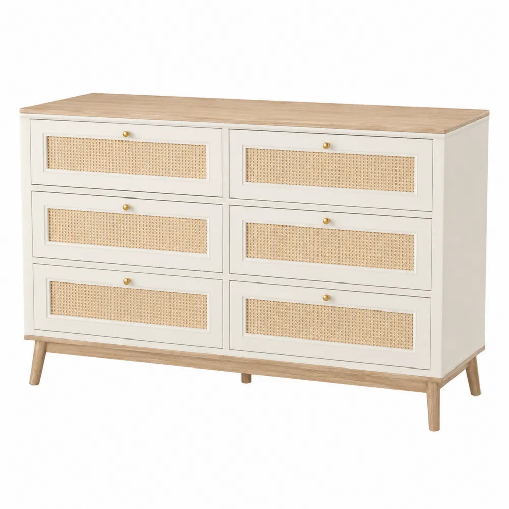 Cajonera de madera y ratán de 6 cajones blanco